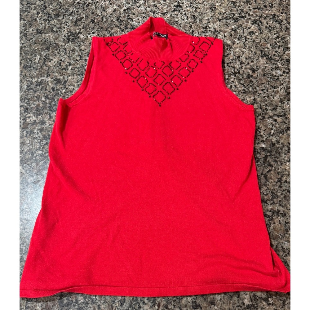 Cable & Gauge Womens Red Beaded Mock Neck Sleeveless Knit Sweater Top Size M